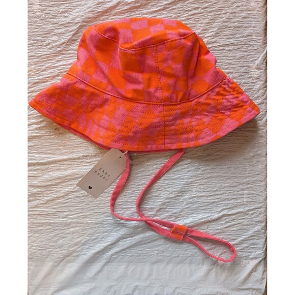 Baby Angel Bucket Hat Women's Reversible One Size Pink Check Drawstring Cotton - Picture 7 of 10